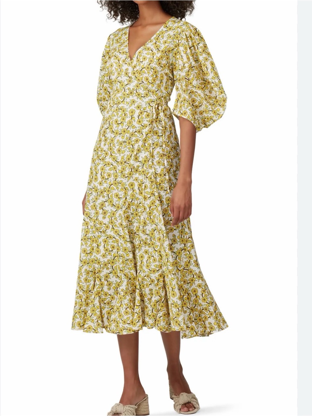 RHODE Yellow Floral Wrap Midi Dress